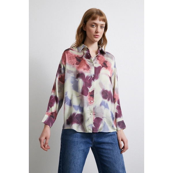 Batik Desen Saten Gömlek Lila