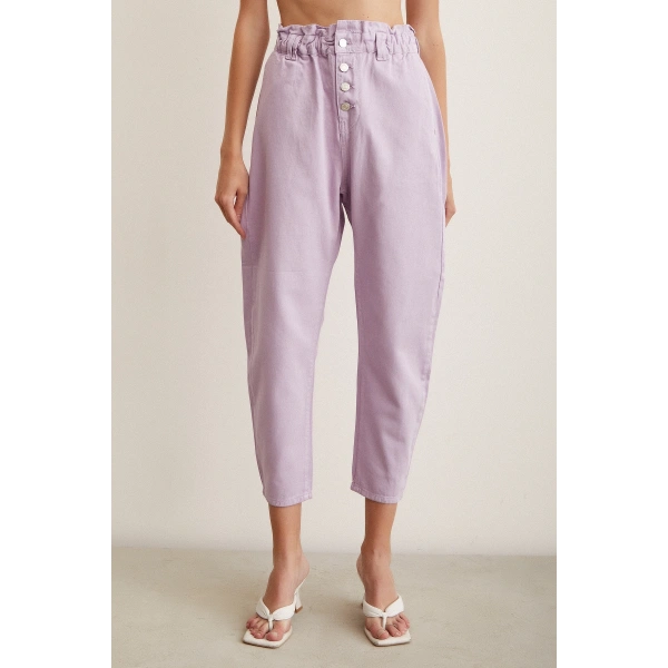 Beli Lastikli Düğme Kapalı Boyfriend Jean Mor