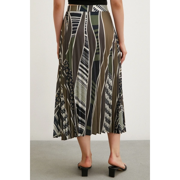 Desenli Piliseli Etek Haki