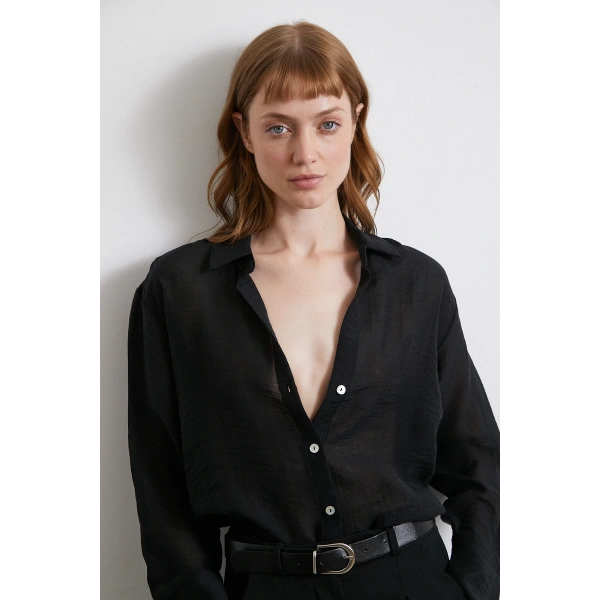 Transparan Saten Gömlek Siyah