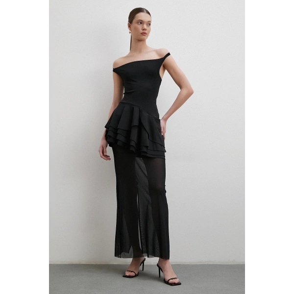 Boyun Askılı Fırfırlı Tül Elbise Siyah