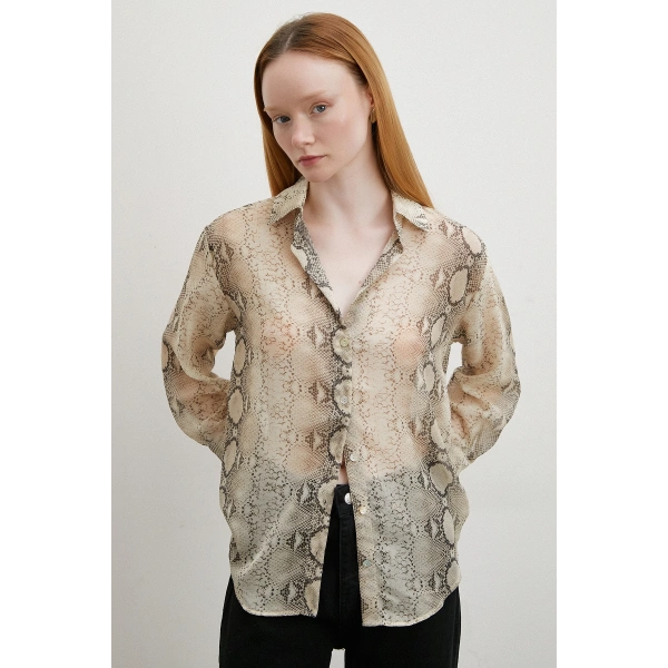 Yılan Derisi Desenli Tül Gömlek Bej