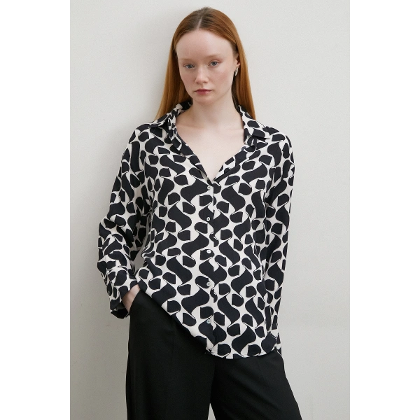 Kontrast Desenli Maroken Viskon Gömlek Siyah