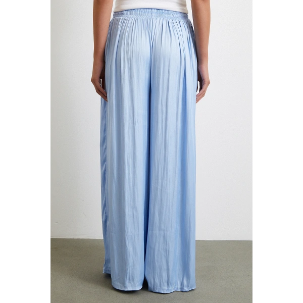 Beli Lastikli Geniş Paça Büzgülü Pantolon Mavi