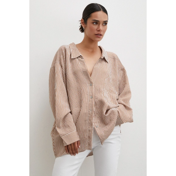 Yarasa Kol Çizgili Gömlek Kahve