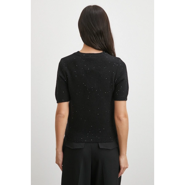 Simli Kısa Kol Kazak Siyah