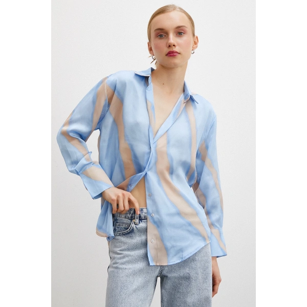 Desenli V Yaka Saten Gömlek Mavi