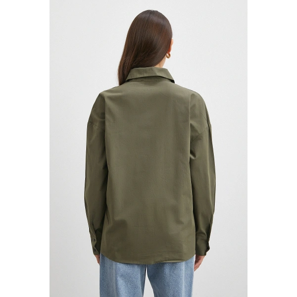 Düğme Detaylı Pamuklu Gömlek Haki