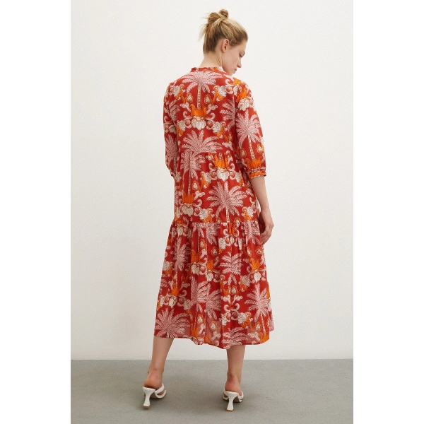 Hakim Yaka Desenli Maxi Elbise Oranj