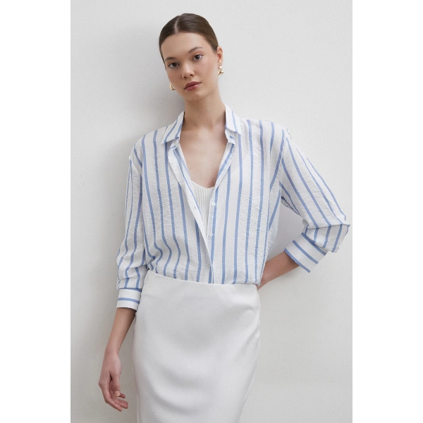 V Yaka Çizgili Modal Gömlek Mavi