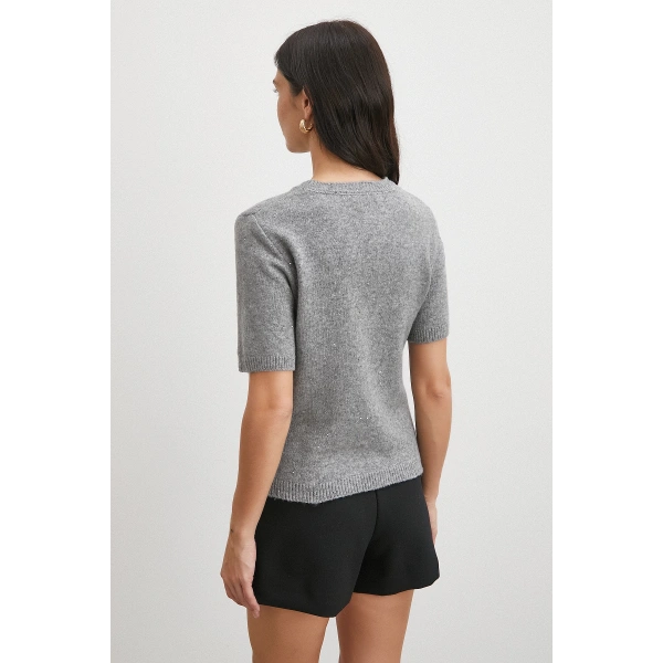 Simli Kısa Kol Kazak Gri