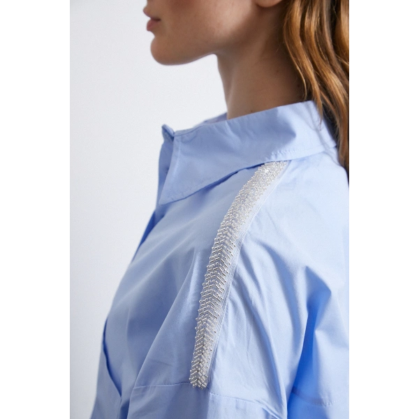 Omuzda Boncuk Detaylı  Oversize Gömlek Mavi