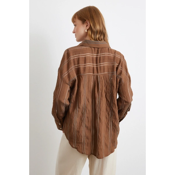 Organze Çizgili Gömlek Kahve