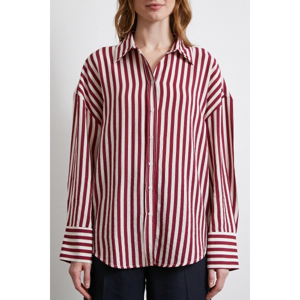 Çizgili T Kol Gömlek Bordo