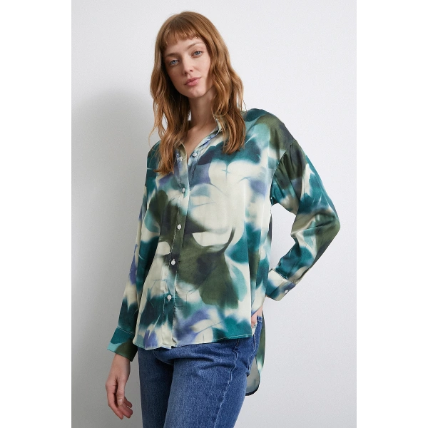 Batik Desen Saten Gömlek Petrol