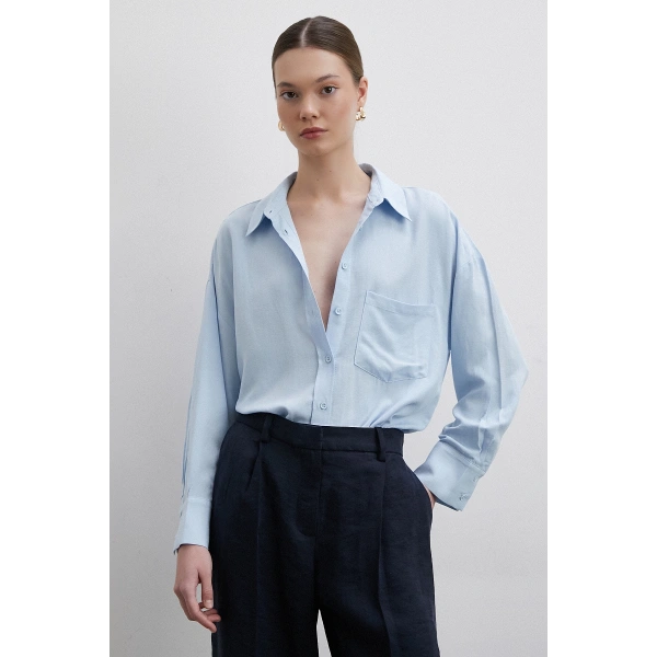 Keten Karışımlı Linen Prunes Gömlek Mavi