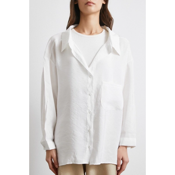 Oversize Cepli Modal Gömlek Beyaz