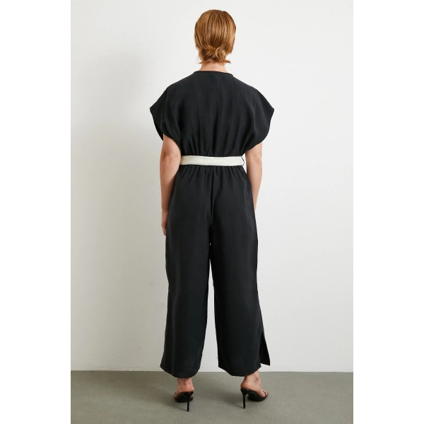 Kemer Detaylı Yarasa Kol Tulum Siyah