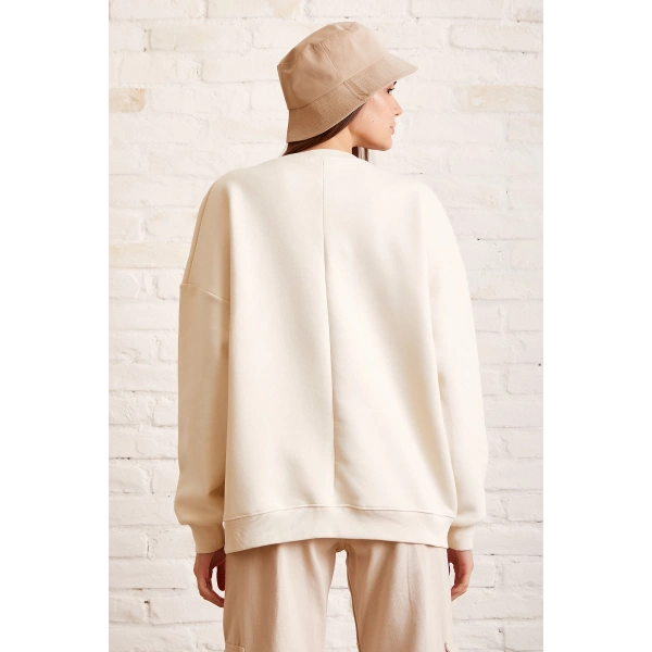 Bisiklet Yaka Baskılı Sweatshirt Krem