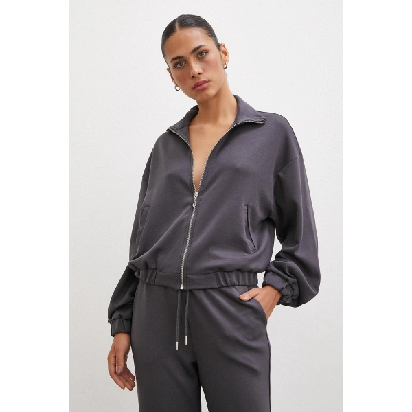 Fermuarlı Sweatshirt Füme