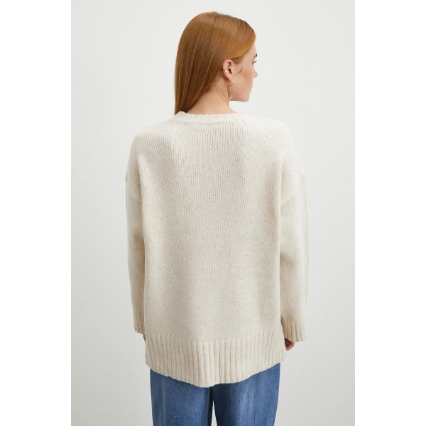 Bisiklet Yaka Fitilli Triko Kazak Ekru