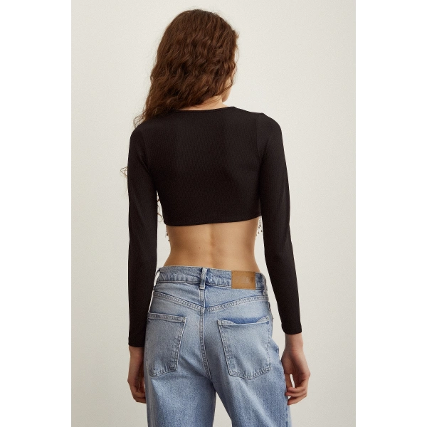 Parlak Taşlı Crop Siyah