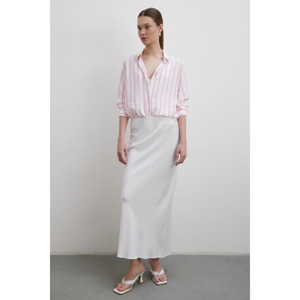 V Yaka Çizgili Modal Gömlek Pembe