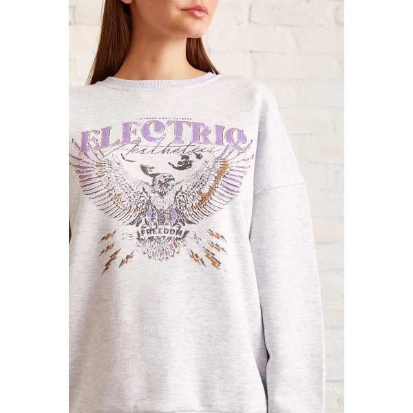 Bisiklet Yaka Baskılı Sweatshirt Kar Melanj