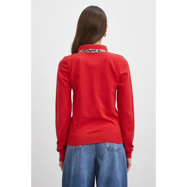 Fularlı Polo Yaka Kazak Kırmızı