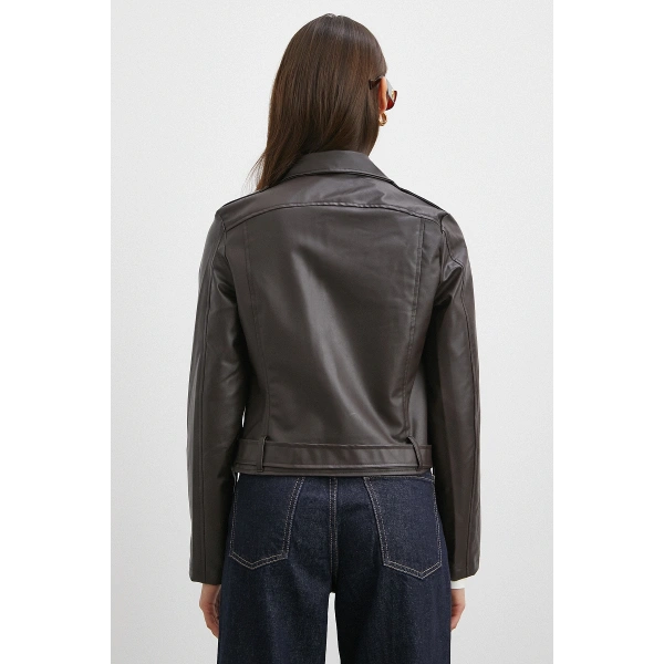 Beli Kemerli Fermuarlı Deri Ceket Kahve