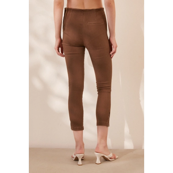 Fermuarlı Tayt Pantolon Kahve