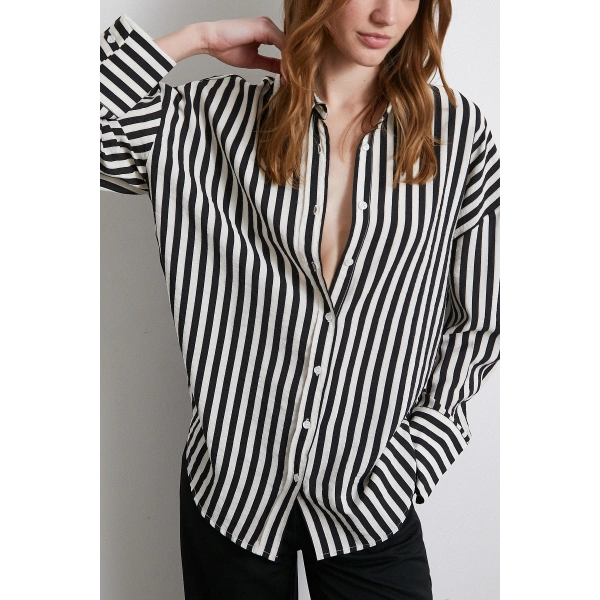 Çizgili T Kol Gömlek Siyah