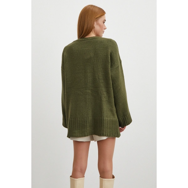 Bisiklet Yaka Fitilli Triko Kazak Haki