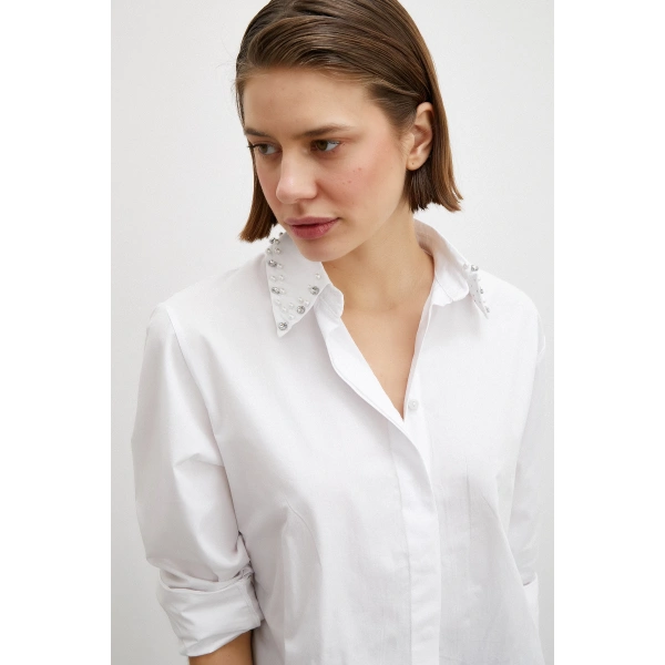 Yaka İncili Poplin Gömlek Beyaz