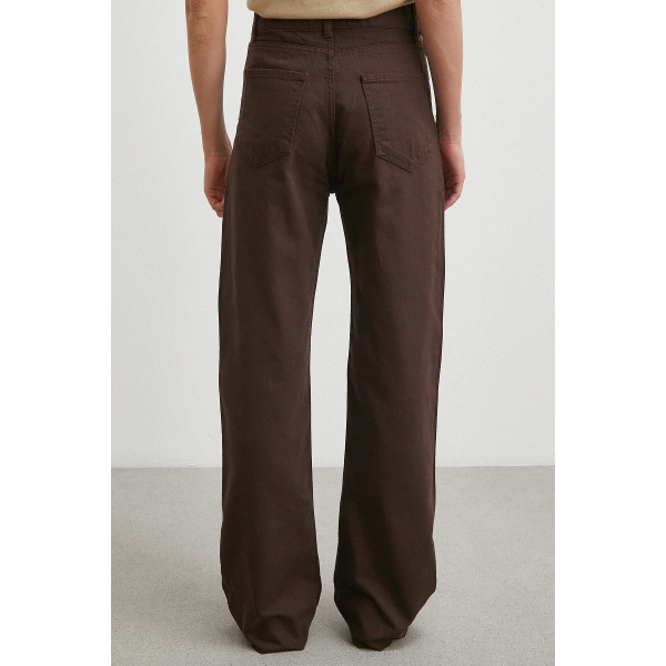 Yüksek Bel Kesik Boru Paça Jean Kahve