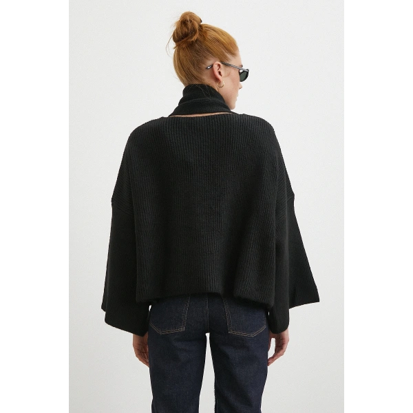 Fitilli Şal Yaka Kazak Siyah