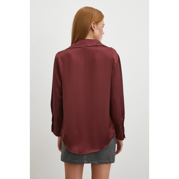 Basic Saten Gömlek Bordo