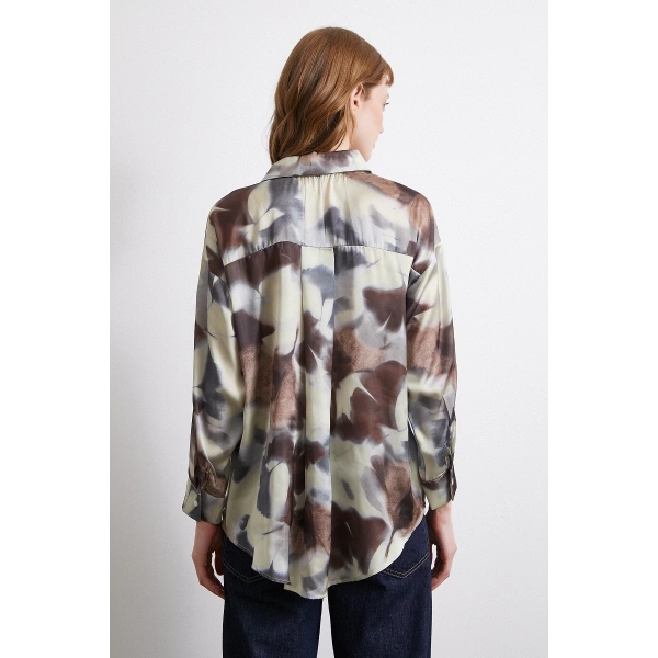 Batik Desen Saten Gömlek Kahve