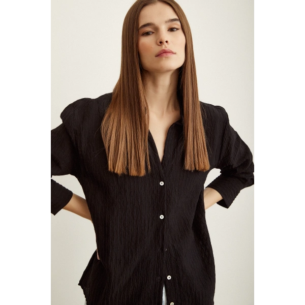 Çizgi Desenli Gömlek Siyah