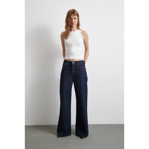 Beş Cepli Yüksek Bel Bol Paça Jean Koyu Lacivert