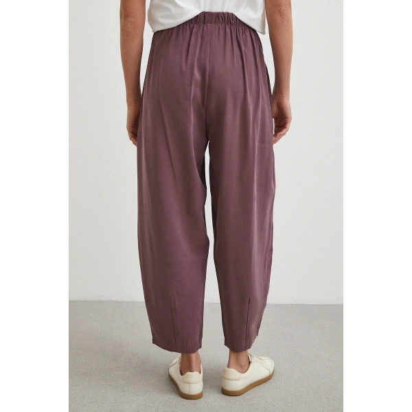 Bağcıklı Beli Lastikli Pileli Pantolon Mürdüm