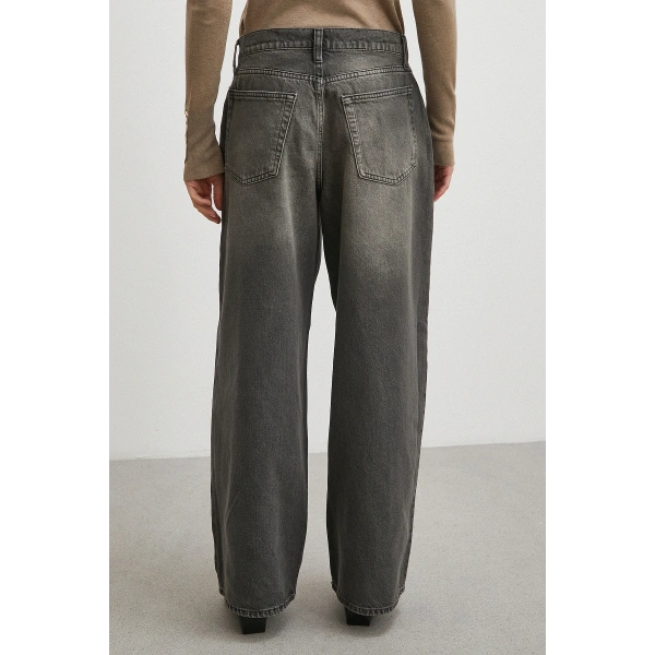 Yüksek Bel Pileli Geniş Paça Jean Füme