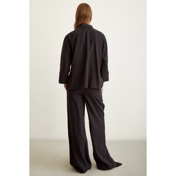 Yarasa Kol Keten Gömlek Siyah