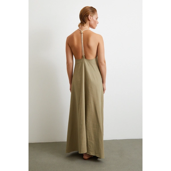 İp Askılı Keten Elbise Haki
