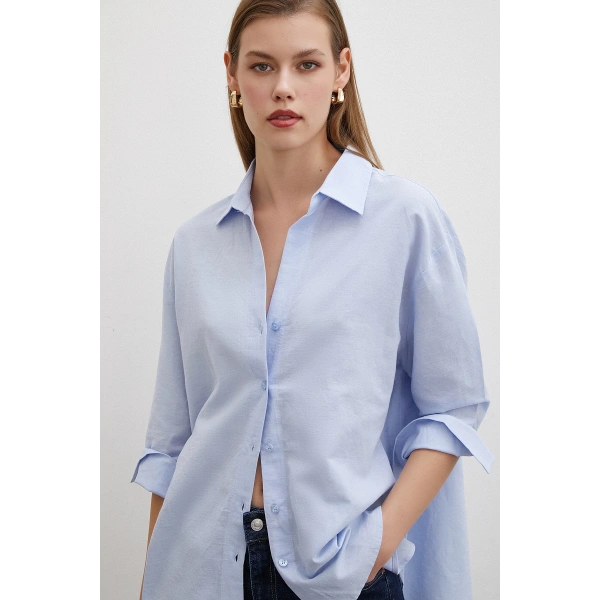 Yırtmaçlı Fakir Kol Gömlek Mavi