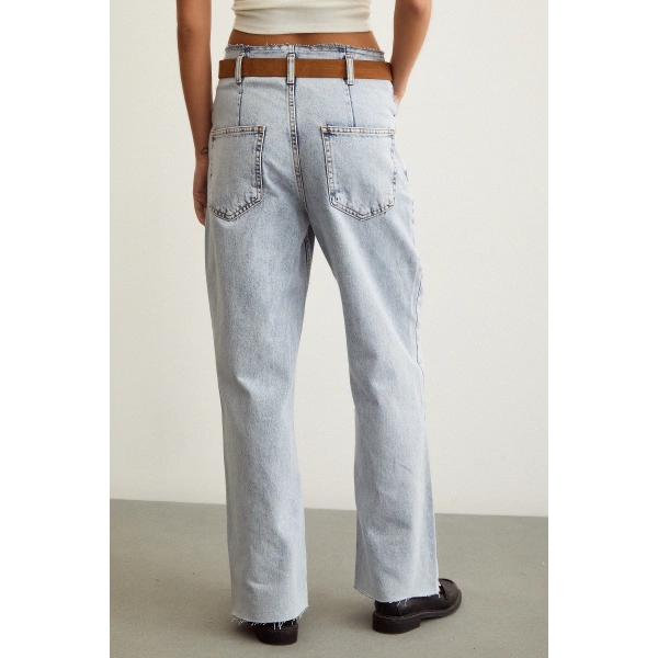 Beli Dikişsiz Kemerli Pantolon Mavi