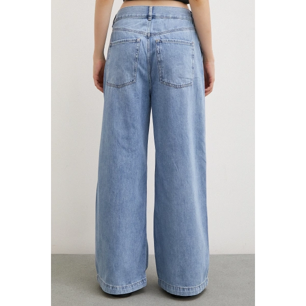 Yüksek Bel Geniş Paça Jean Buz Mavisi