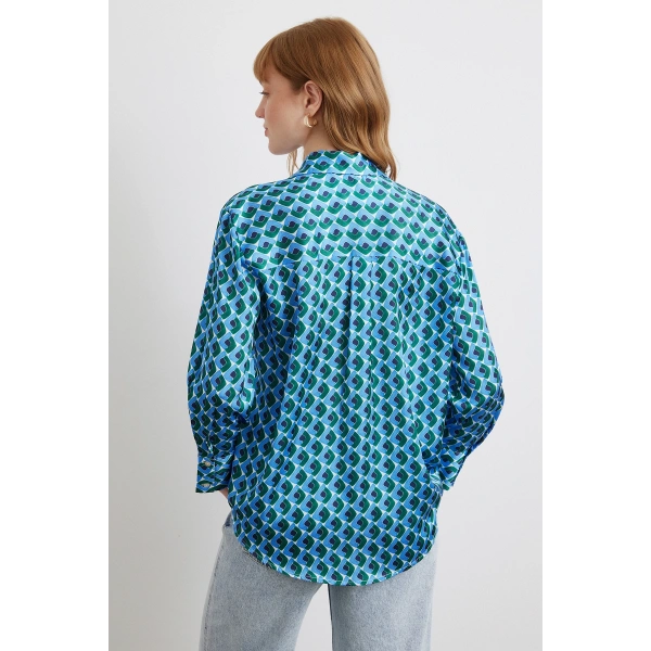 Geometrik Desenli Saten Gömlek Mavi