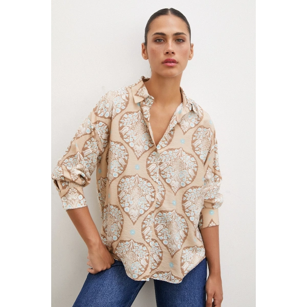 Çini Desenli Modal Gömlek Kahve
