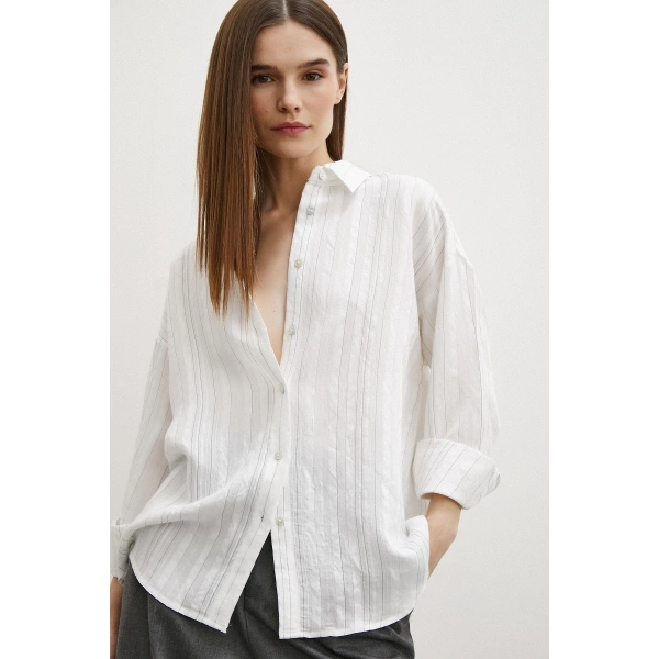 Dokulu Çizgili Gömlek Krem